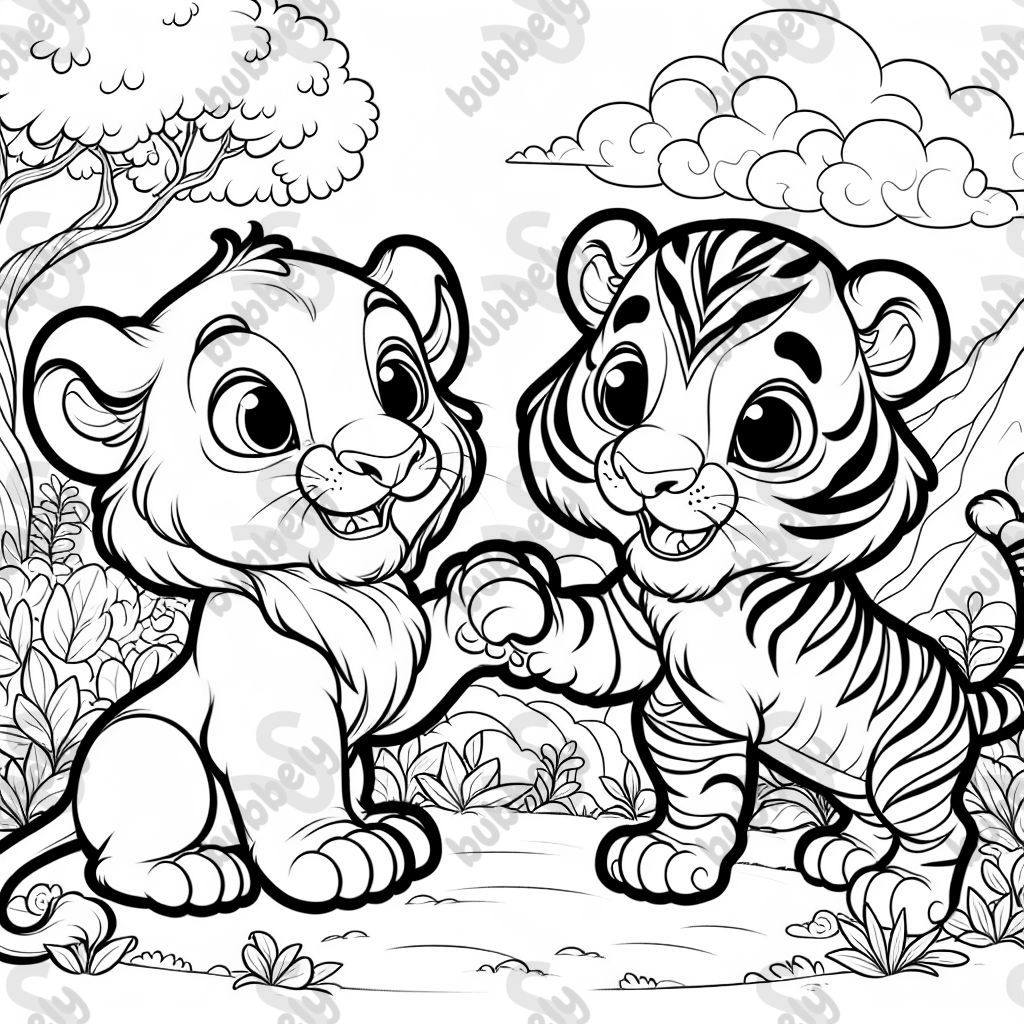 a lion cub and tiger cub playing together