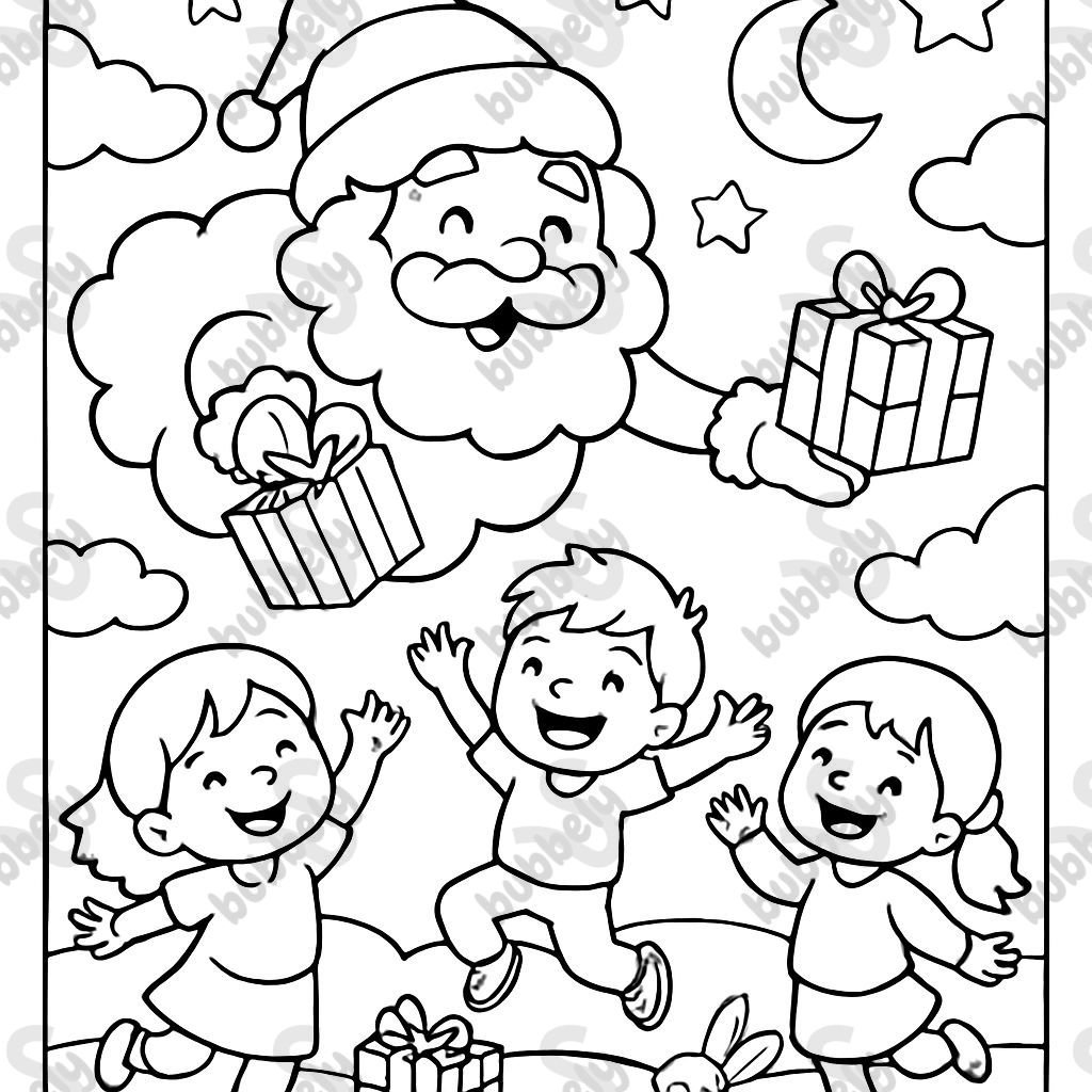 Santa cloud giving presents to everybody.