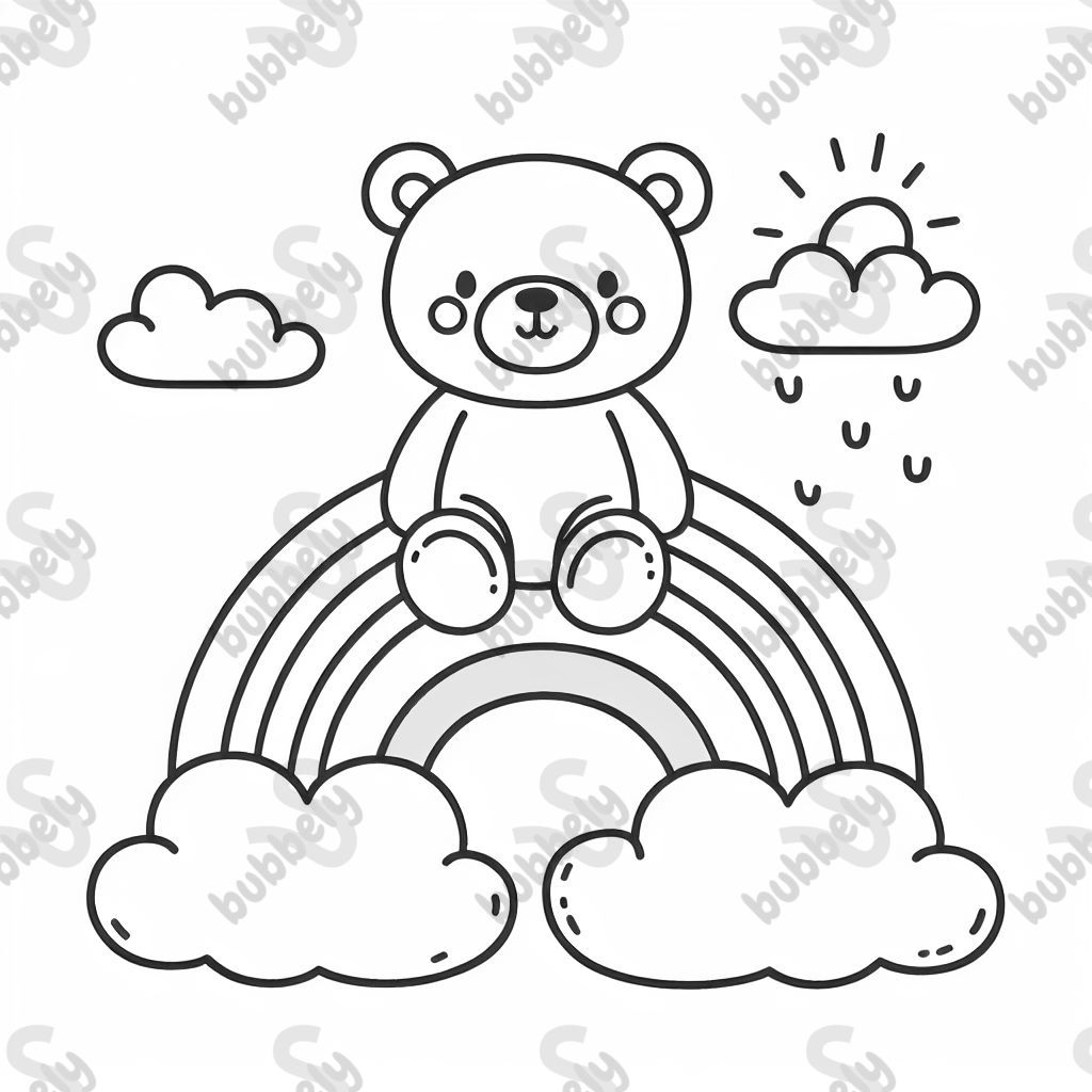 Einen runden teddybär auf einem Regenbogen in den wolken