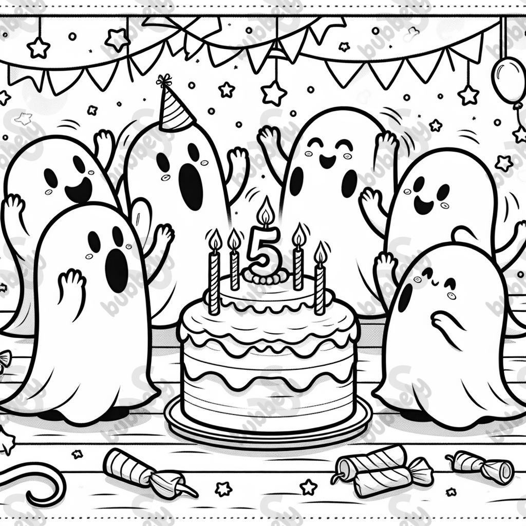 5 männliche Gespenster, die einen 5ten Geburtstag feiern und einen kuchen mit 5 kerzen