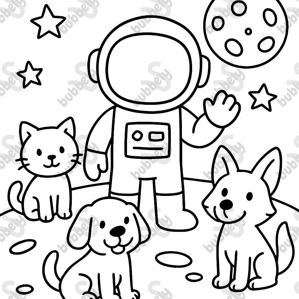 Un chaton, un chien et un coyote avec un astronaute sur la lune. Un chaton, un chien et un coyote avec un astronaute sur la lune.