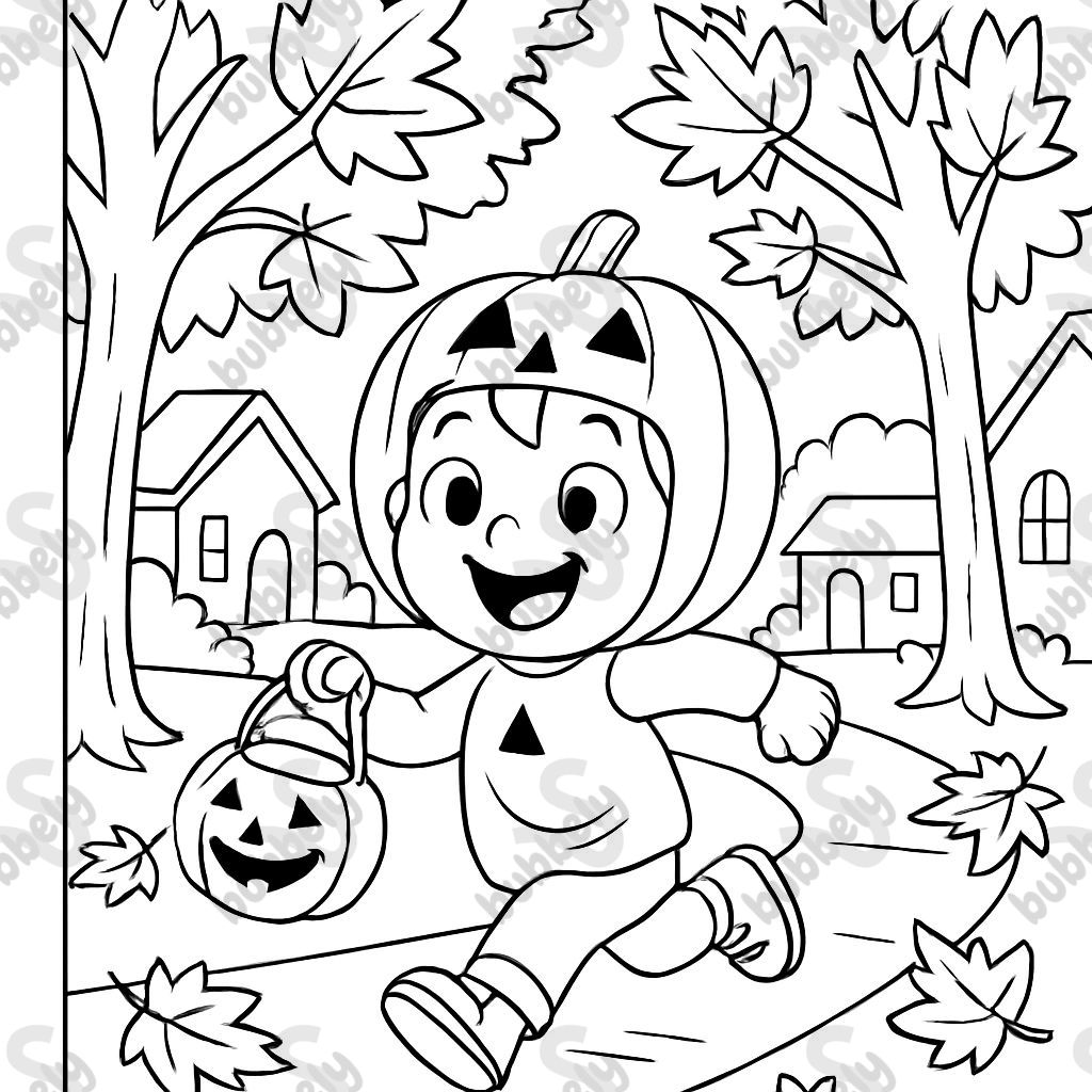 A kid dressed as a jack-o-lantern trick or treating down a street lined with maple trees. A kid dressed as a jack-o-lantern trick or treating down a street lined with maple trees.