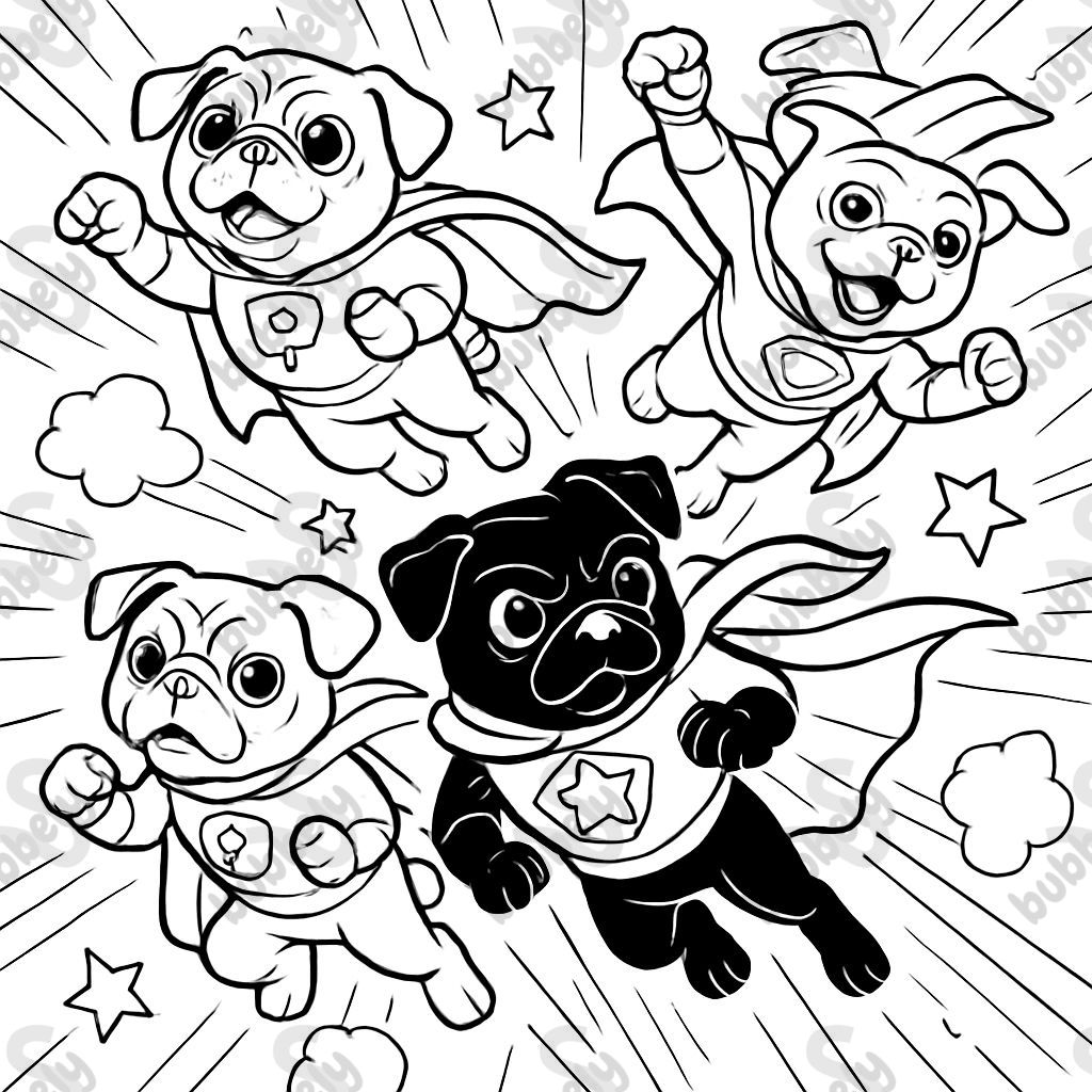 Four pugs (one is black) dressed as super heroes