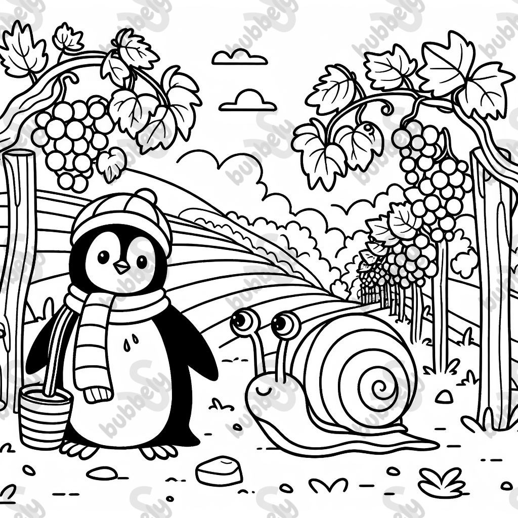 Einen pinguin und eine weinbergschnecke im weinberg