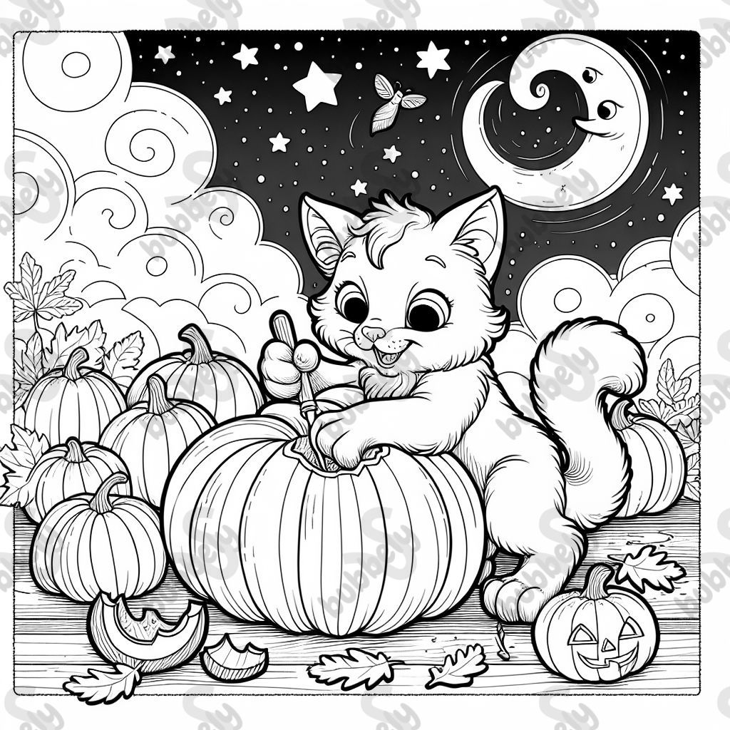 cat carving a pumpkin