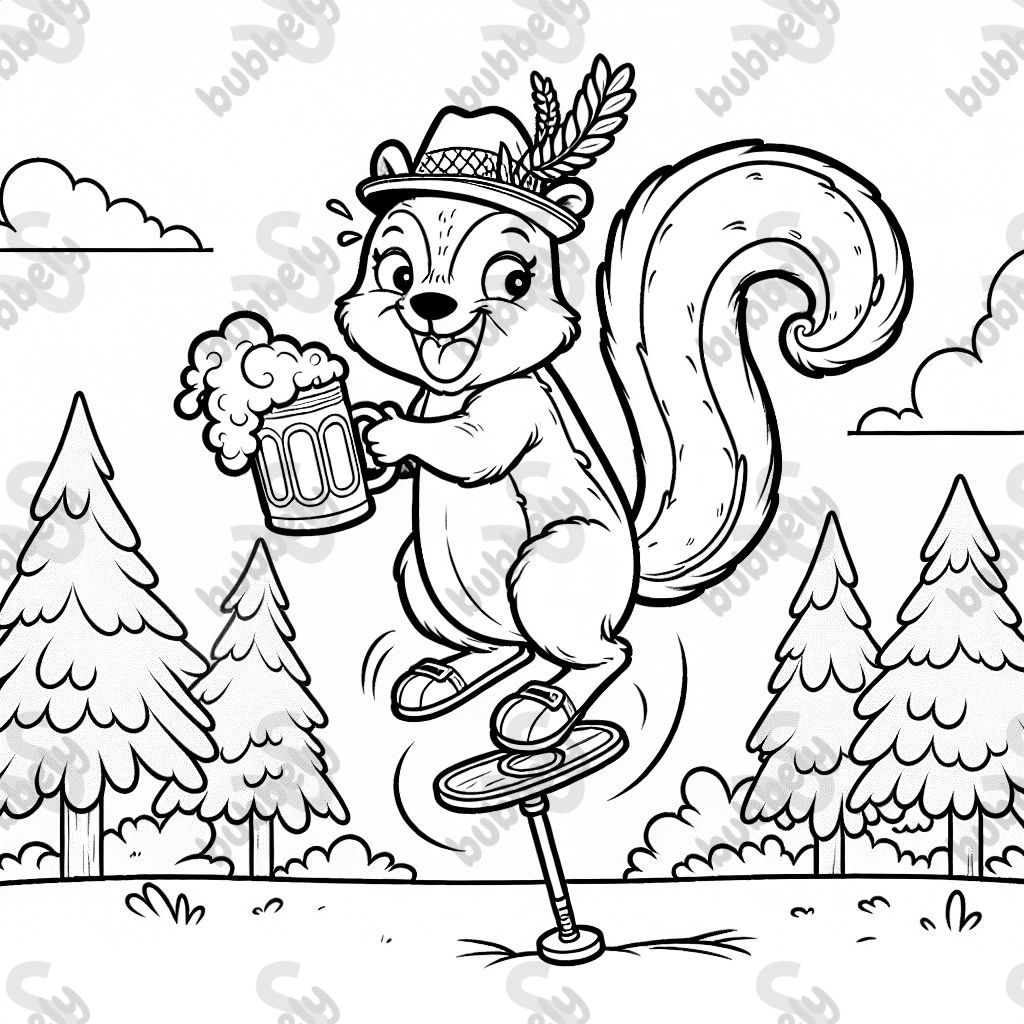 a squirrel with a beer mug and a traditional hat on a pogo stick