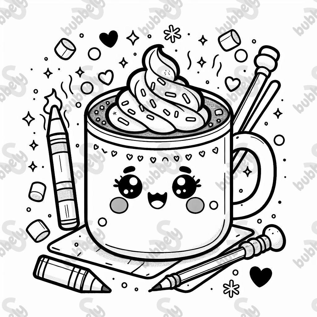 Une tasse de chocolat chaud avec un visage mignon, de la crème fouettée, des vermicelles et des guimauves.