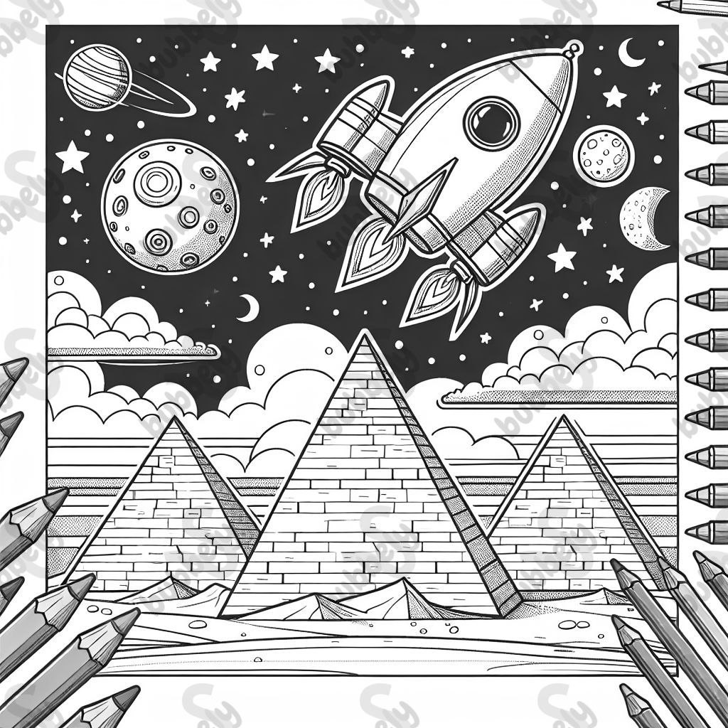 A rocket ship flying over the great pyramids
