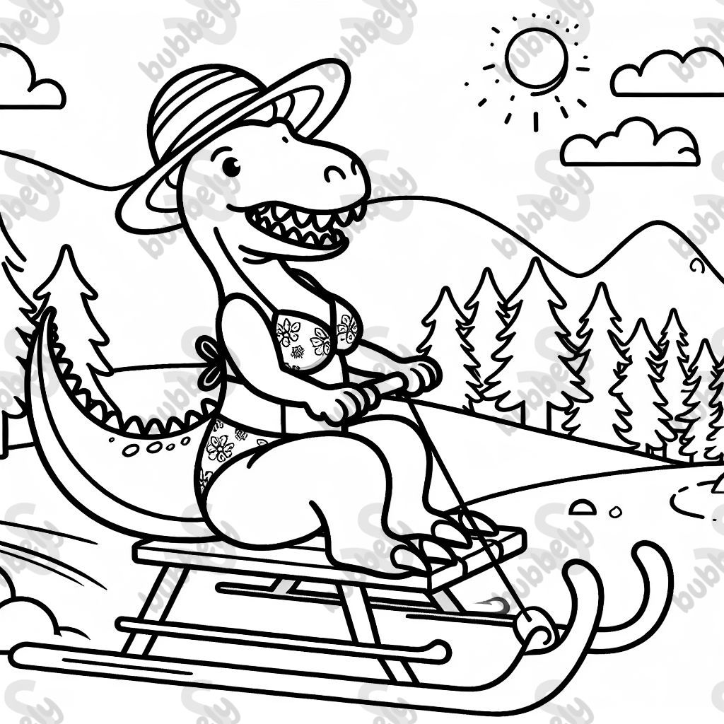 Dinosaurir auf dem schlitten mit bikini