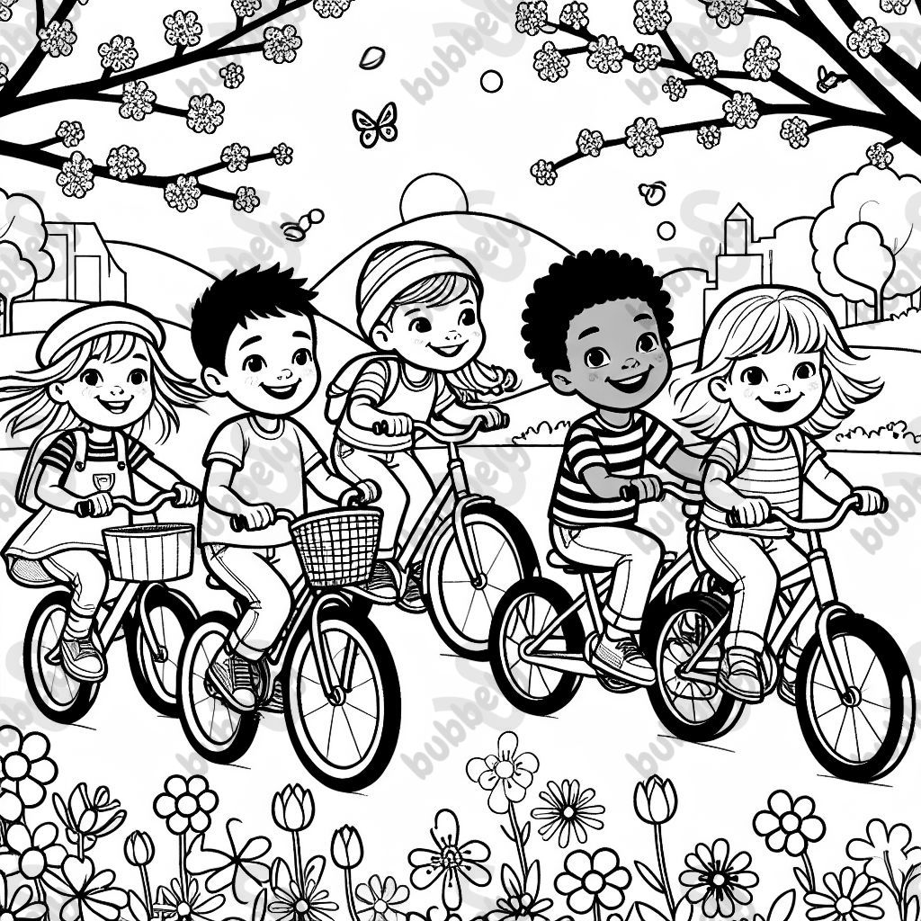 Kids riding bikes in spring