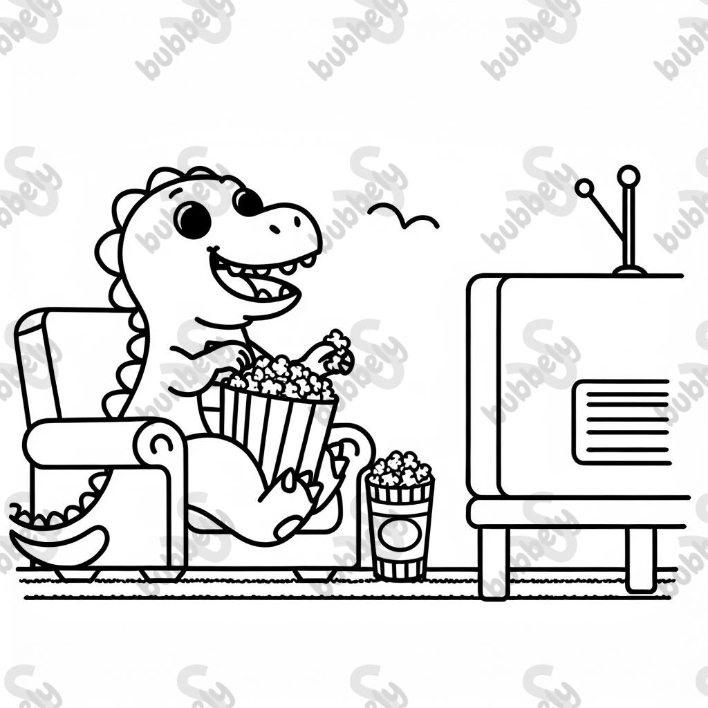 a happy dinosaur eating popcorn and watching tv