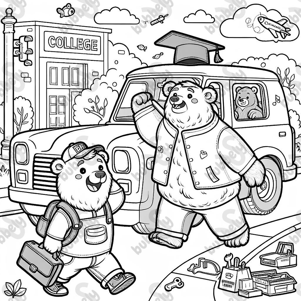 A bear going to college with his friend, a mechanic bear going to work.